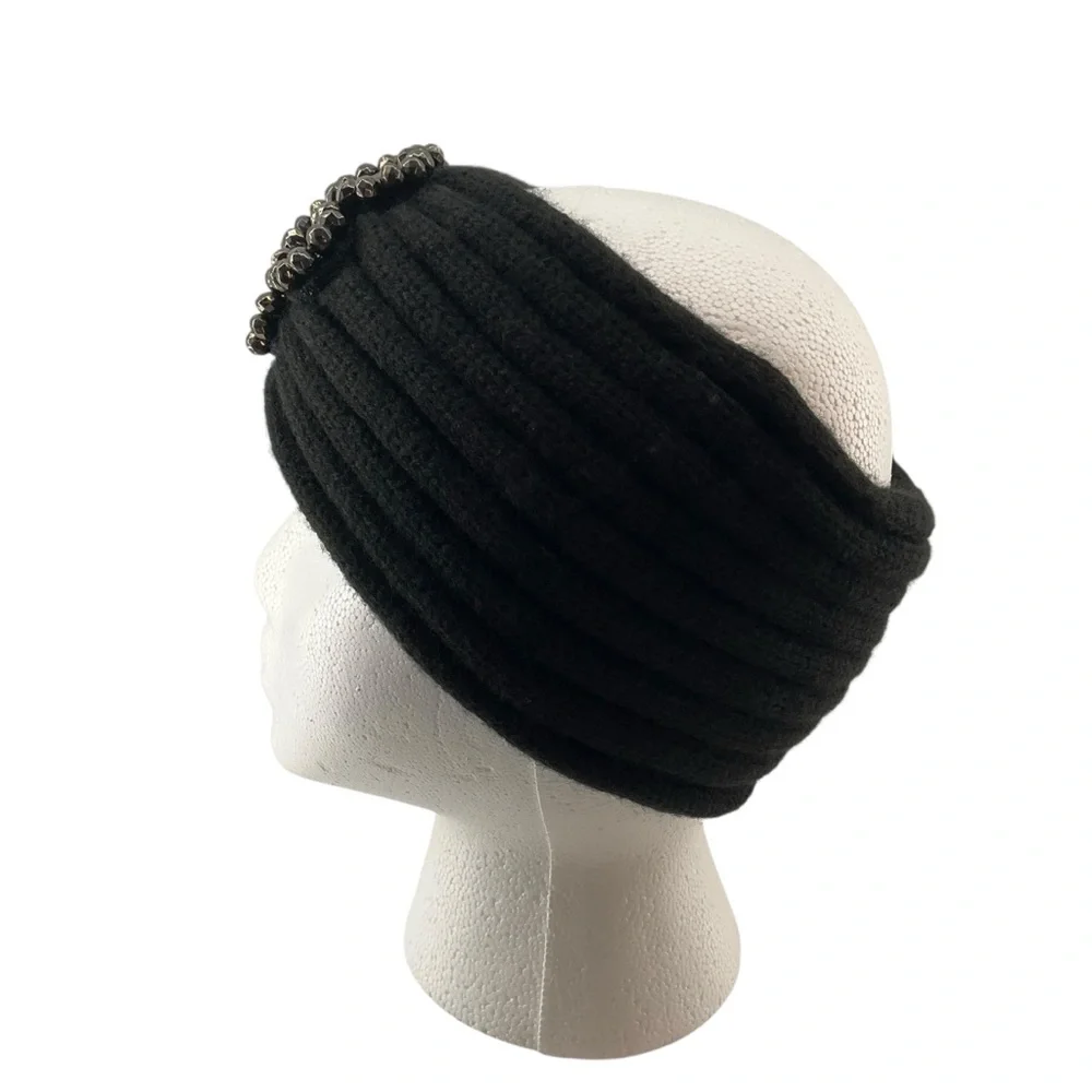 Stylish Black Knit Headband with Beaded Embellishment